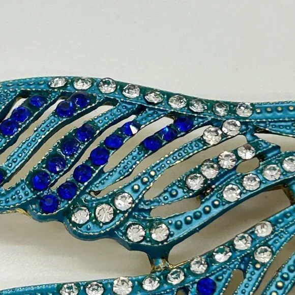 Dragonfly Brooch Articulated Tail Blue Teal Rhinestones Statement 5 inch wide - Picture 14 of 16